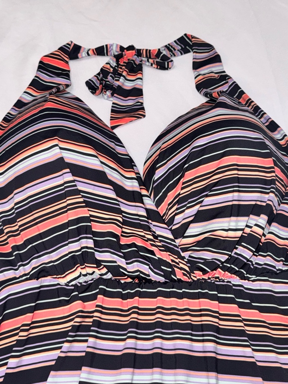 Striped Halter Swimdress in Coral, black & purple - Picture 2 of 5